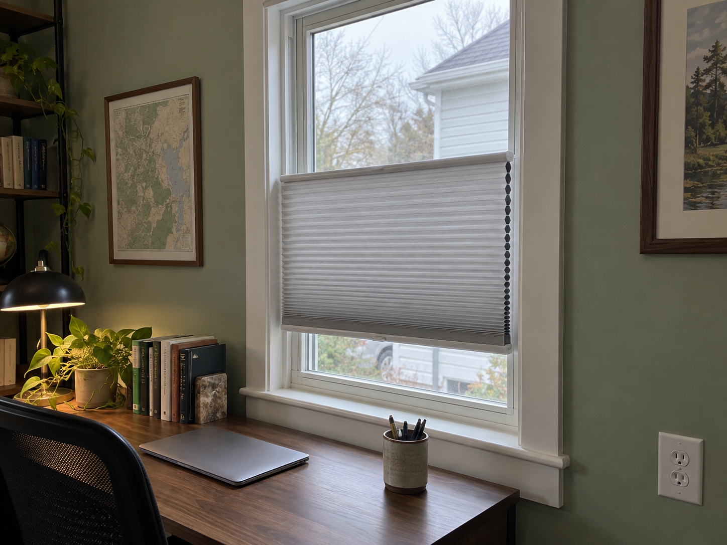 Illustration of a gray cellular shade in a sage green home office