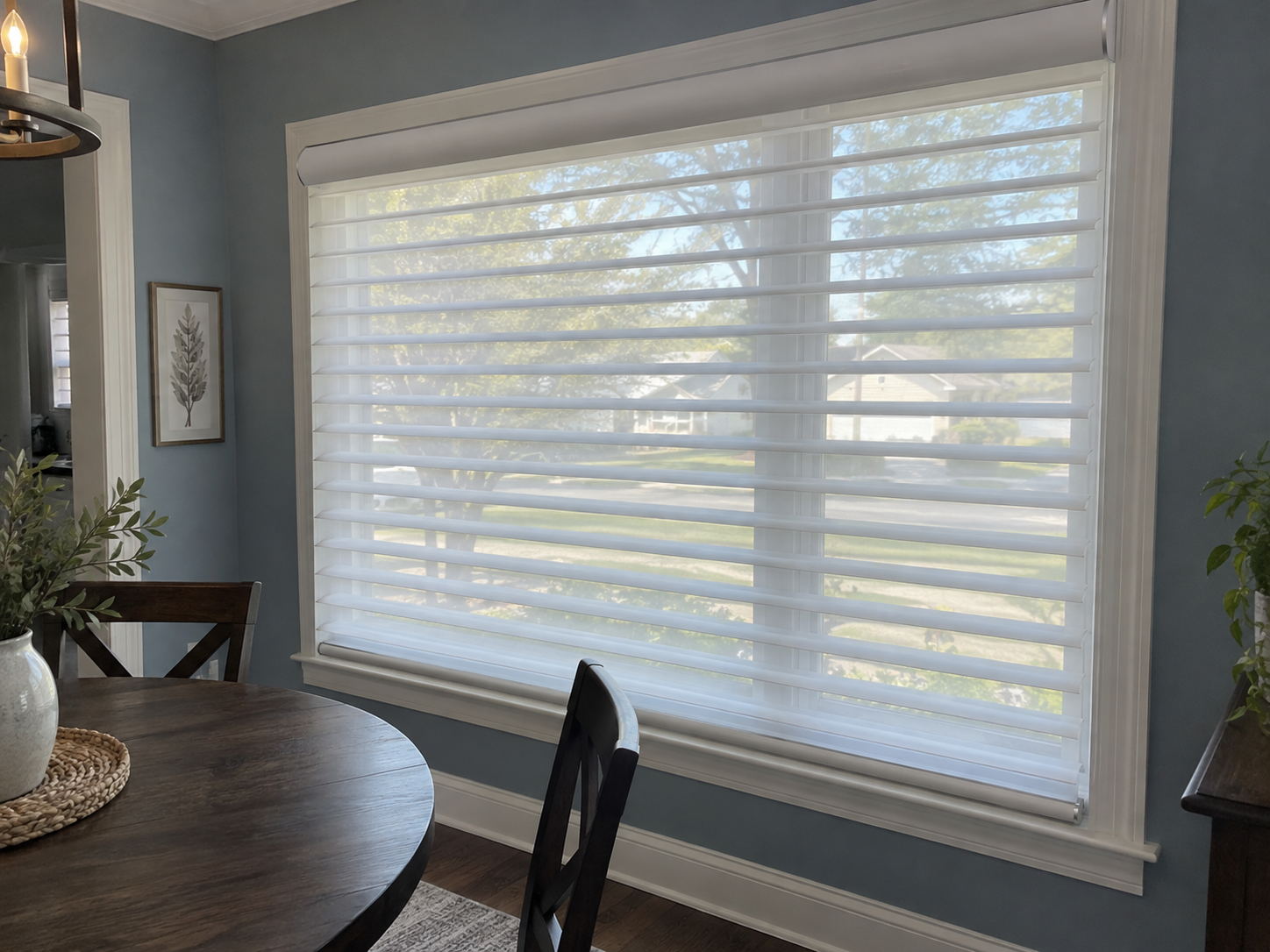 Illustration of white horizontal fabric vanes between sheer layers in a blue dining room